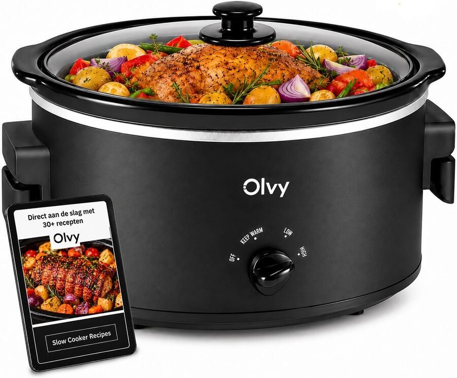 Olvy Slowcooker Incl. Slowcooker e-kookboek PFAS-Vrij 6 Liter Keramische binnenpan Warmhoudfunctie