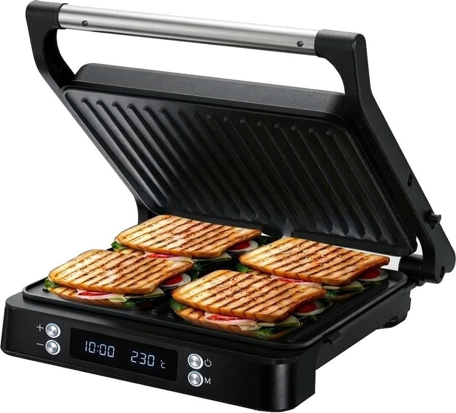 Olvy Tosti Apparaat XL Panini Timerfunctie Temperatuurregeling Voor 4 Tosti's Croque Monsieur Toestel PFAS Vrij Grill Ijzer Contactgrill Apparaten Uitklapbaar