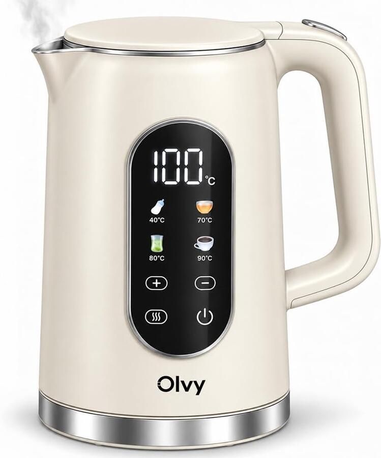 Olvy Waterkoker met Temperatuurregeling Warmhoudfunctie Kalkfilter RVS Dubbelwandig Elektrisch 1 7 Liter 2200W Crème Wit