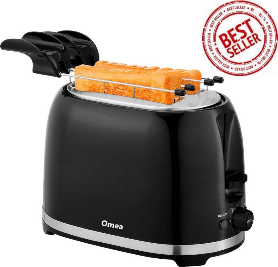 Omea Broodrooster Zwart Broodrooster met Tostiklemmen Retro Extra Brede Sleuven 7 Warmteniveaus 850W