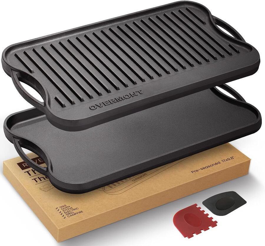 Omkeerbare gietijzeren grillpan 43 2 x 24 9 cm met handgrepen