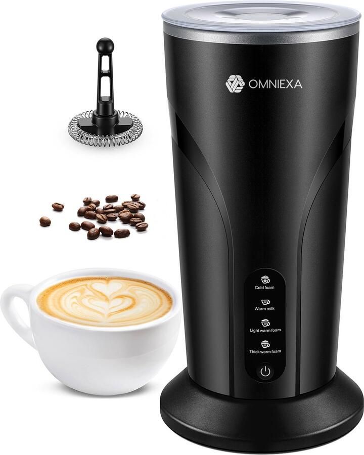 OMNIEXA Melkopschuimer – 4-in-1 Draadloos & Stil – Warm & Koud Melkopschuim – Luxe Barista Melkopschuimer met Warmhoudfunctie – 300ml Zwart