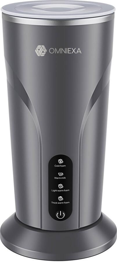 OMNIEXA Melkopschuimer – 4-in-1 Draadloos & Stil – Warm & Koud Melkopschuim – Luxe Barista Melkopschuimer met Warmhoudfunctie – 300ml Grijs