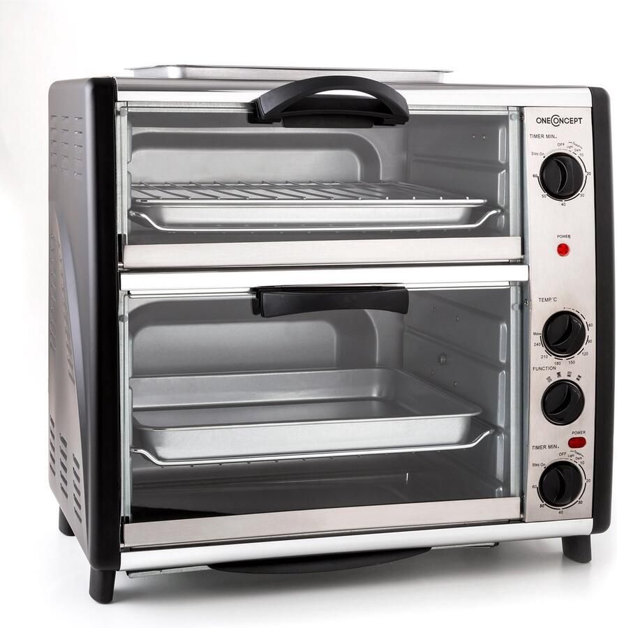 OneConcept Klarstein Oven All-You-Can-Eat Dubbele Grill 42L 2350W Mini-Oven Bakoven met Draaispit voor Keuken Thermostaat Grillplaat Roosters 2 Bakcompartimenten BBQ-Functie Tafeloven