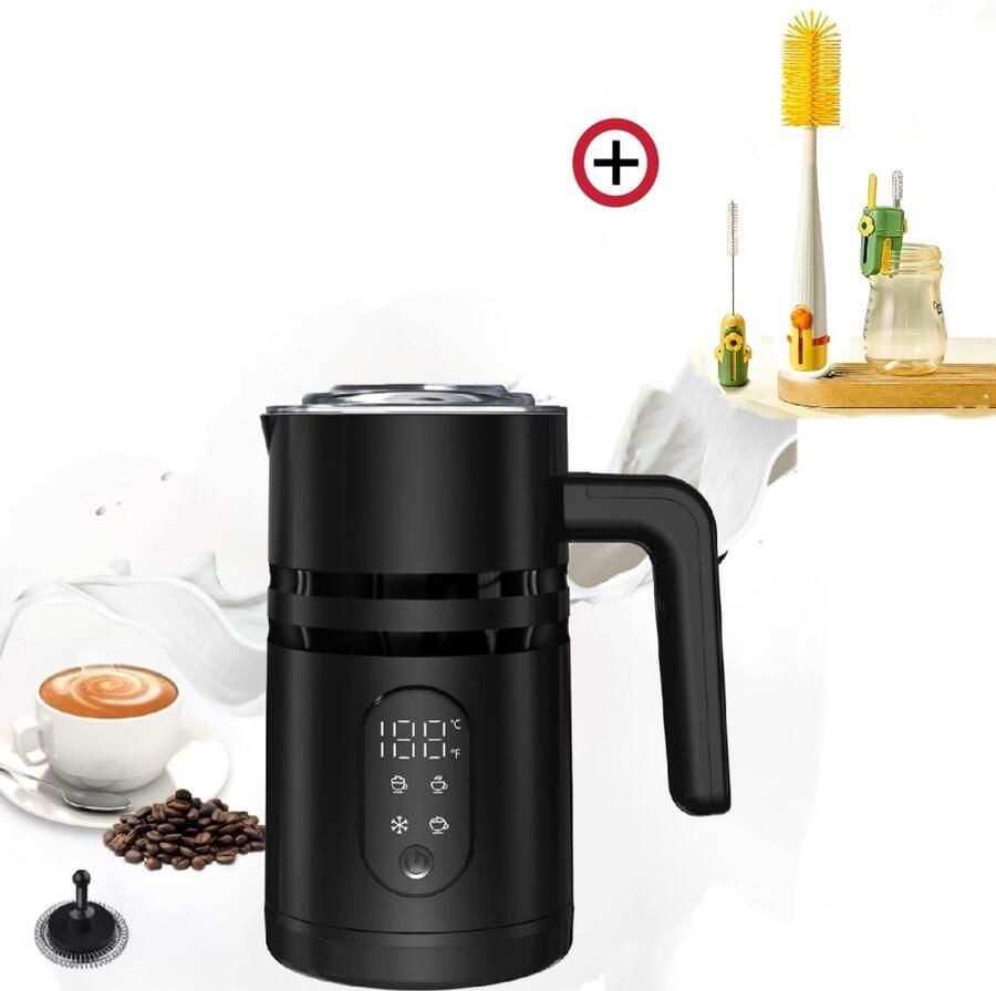 OnmiMart Elektrische Melkopschuimer – 100% PFAS-vrij – Display & Temperatuurregeling – 4-in-1 – 350ml – Warm & Koud Melkschuim – Met multifunctionele borstel-Zwart