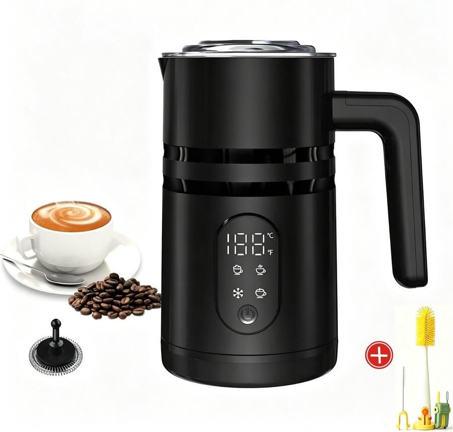 OnmiMart Elektrische Melkopschuimer – 100% PFAS-vrij – Display & Temperatuurregeling – 4-in-1 – 350ml – Warm & Koud Melkschuim – Met multifunctionele borstel-Zwart