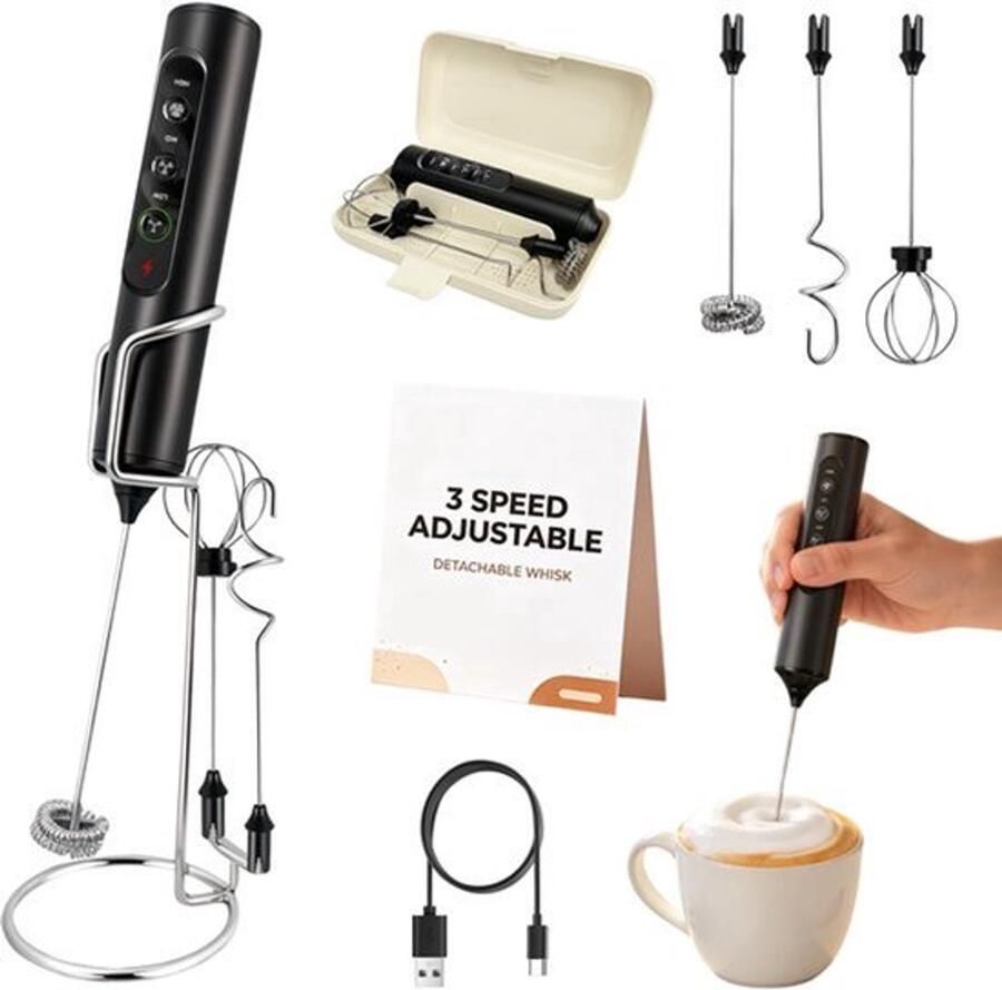 Oplaadbare handmelkopschuimer met standaard opbergdoos handmelkopschuimer staaf 3-in-1 3 gardes elektrische drankmixer voor koffie latte cappuccino eieren eiwitpoeder
