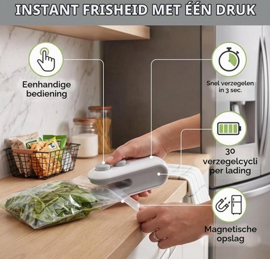 Oplaadbare Heat Sealer Draagbare Resealer Machine voor Chip Biscuit Pet Food Bags Keuken Camping Picknick (WHITE)