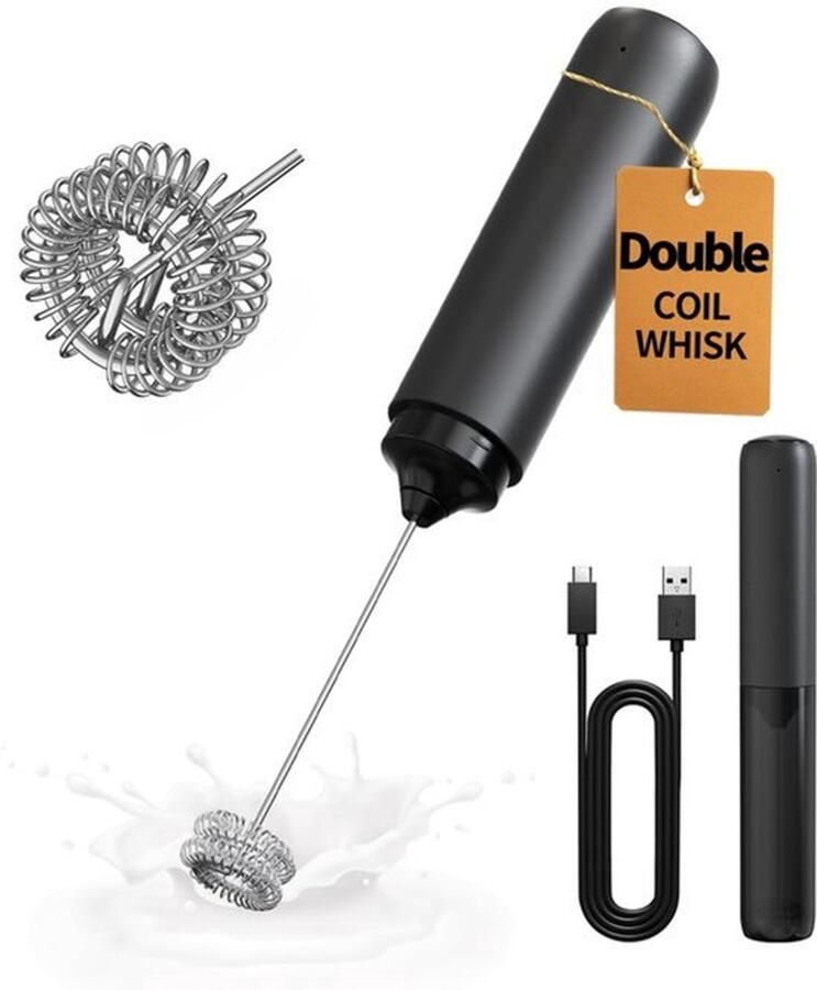 Oplaadbare Melkopschuimer Handbediend Dubbele Veer Garde Elektrische Koffieopschuimer Draagbare Handschuimklopper Drankmixer voor Matcha Latte Cappuccino Keukencadeaus Zwart