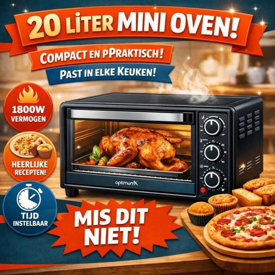 Optimum X Vrijstaande Ovens 20 Liter Mini Oven – Convectie Kleine Oventje– Hetelucht Timer Zwart – 20L 1380 Watt