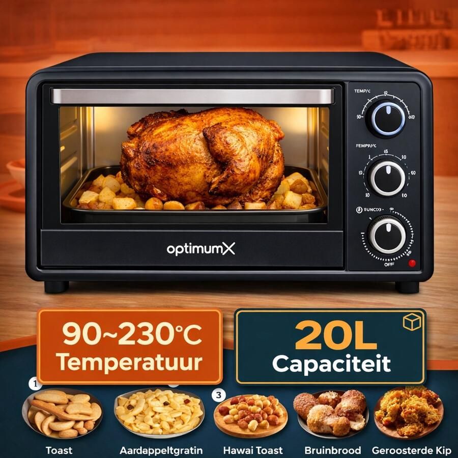 Optimum X Vrijstaande Ovens 20 Liter Mini Oven – Convectie Kleine Oventje– Hetelucht Timer Zwart – 20L 1380 Watt - Foto 2