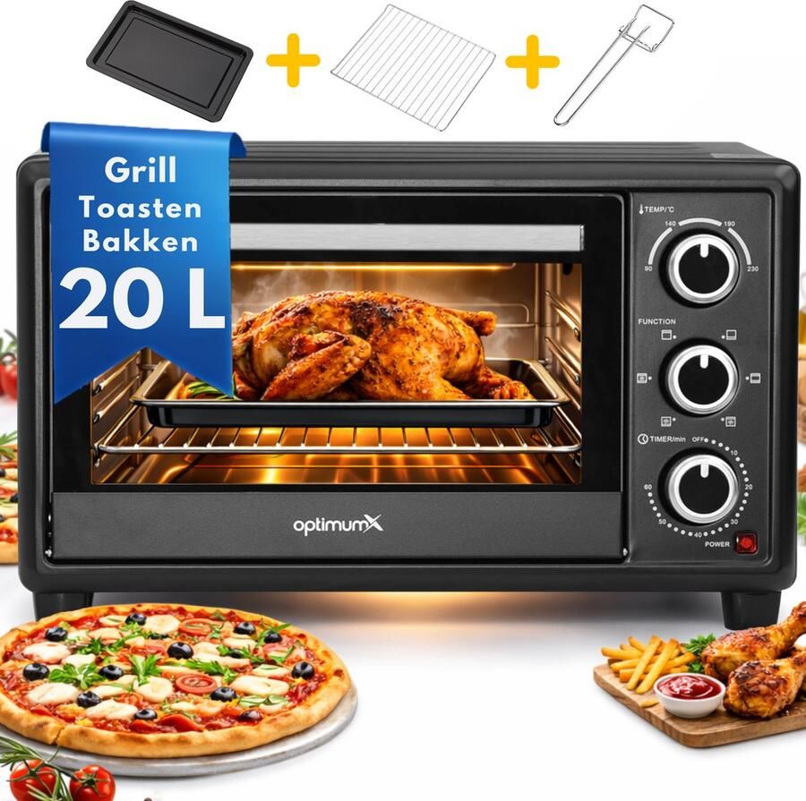 Optimum X Vrijstaande Ovens 20 Liter Mini Oven – Convectie Kleine Oventje– Hetelucht Timer Zwart – 20L 1380 Watt - Foto 3