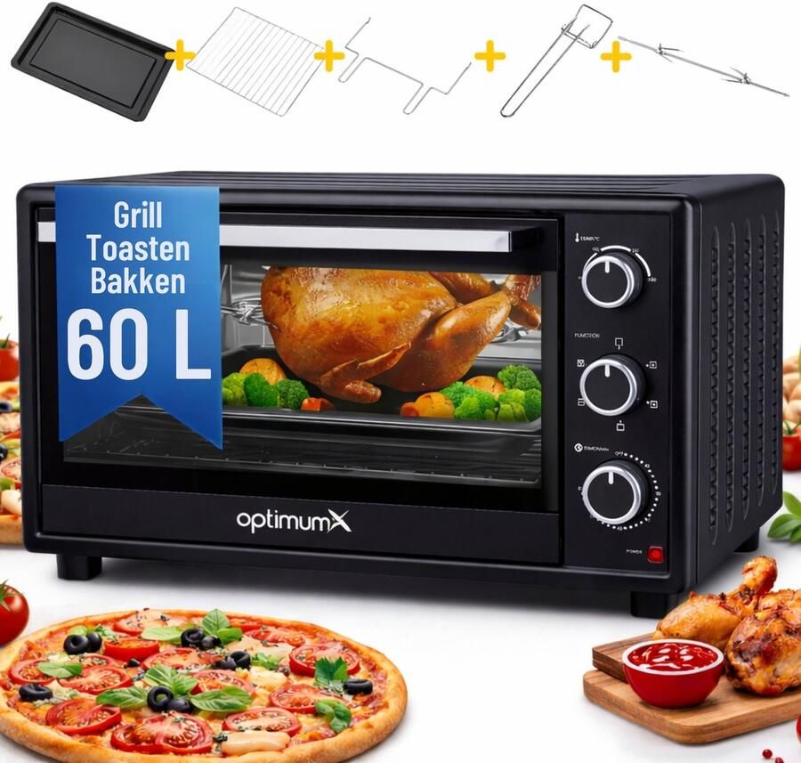 Optimum X Vrijstaande Ovens 60 Liter Mini Oven – XXL Convectie Oventje Hetelucht Draaispit Timer Zwart 60L 2200 Watt