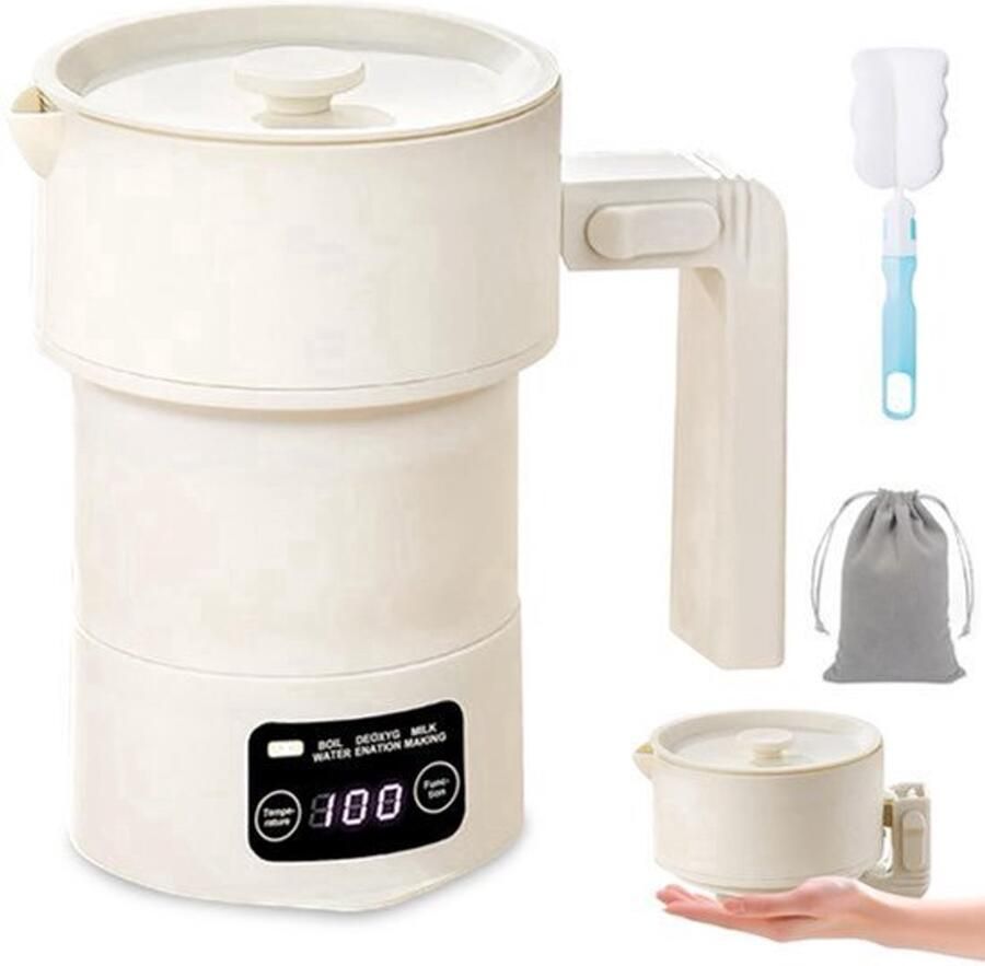 Opvouwbare waterkoker 600 ml draagbare reisketel klein van roestvrij staal en siliconen kleine campingwaterkoker inklapbaar met 9 temperatuurniveaus stil en veilig voor reizen en kantoor