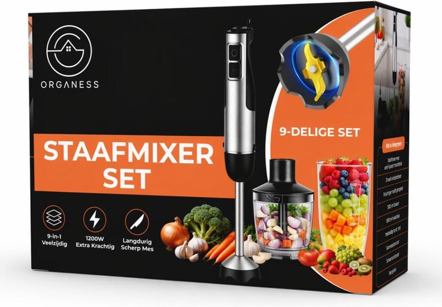 Organess Staafmixer 9-in-1 Set 1200W Vaatwasserbestendig Incl. Titanium mes Garde Hakmolen Maatbeker Melkopschuimer Aardappelstamper Spatel Deeghaken Dubbele garde 12 Snelheden + Turbofunctie RVS