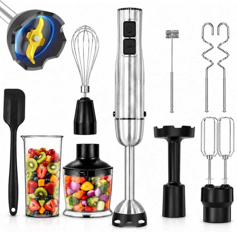 Organess Staafmixer 9-in-1 Set 1200W Vaatwasserbestendig Incl. Titanium mes Garde Hakmolen Maatbeker Melkopschuimer Aardappelstamper Spatel Deeghaken Dubbele garde 12 Snelheden + Turbofunctie RVS