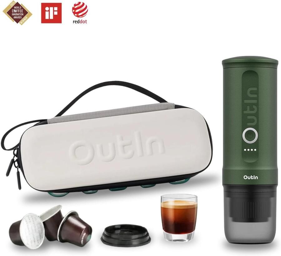 Outin Nano Bundle Draagbaar Koffiezetapparaat Compact Espresso Apparaat Oplaadbaar Voor Onderweg Geschikt Voor Capsules En Gemalen Koffie Reizen Camping Auto Gebruik