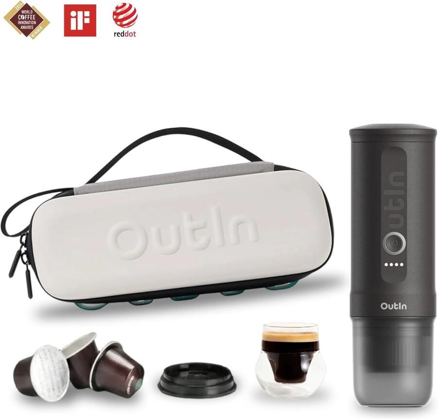 Outin Nano Bundle Draagbaar Koffiezetapparaat Compact Espresso Apparaat Oplaadbaar Voor Onderweg Geschikt Voor Capsules En Gemalen Koffie Reizen Camping Auto Gebruik