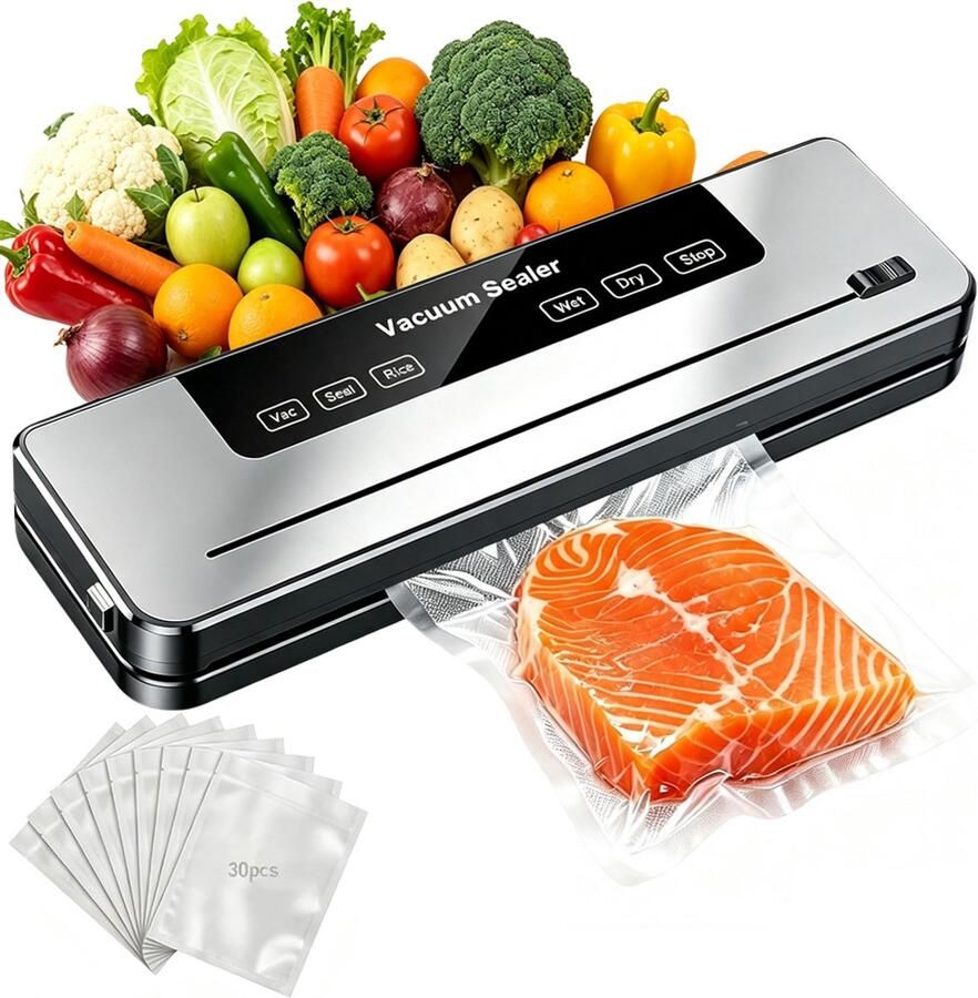 OUYLAF vacumeermachine Vacuum sealer Inclusief Snijder en 30 vacuumzakken voedsel 6 programma's 35.6*11*6.2cm Zilver + Zwart Seal Apparaat Uitstekend geschikt voor meal preppen marineren en sous-vide koken