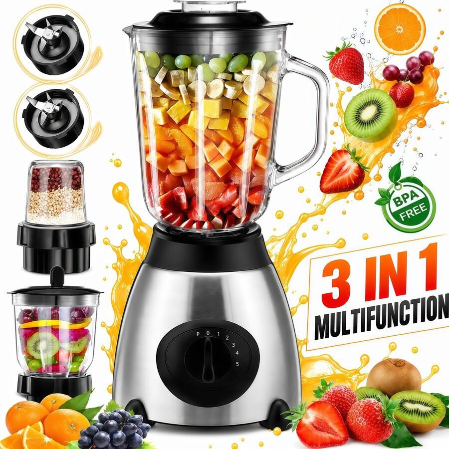OYLCDI Blender Smoothie Maker 1500W Safecourt Kitchen Power Blender 1 5L Glas Smoothie Maker met 6 RVS Messen Milkshake Mixer en Ice Crusher voor Smoothies Puree en Sap Zilver