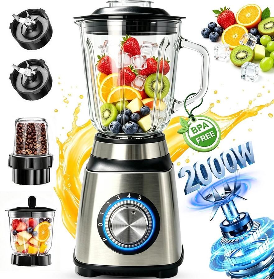 OYLCDI Blender Smoothie Maker 1500W Safecourt Kitchen Power Blender 1 5L Glas Smoothie Maker met 6 RVS Messen Milkshake Mixer en Ice Crusher voor Smoothies Puree en Sap Zilver
