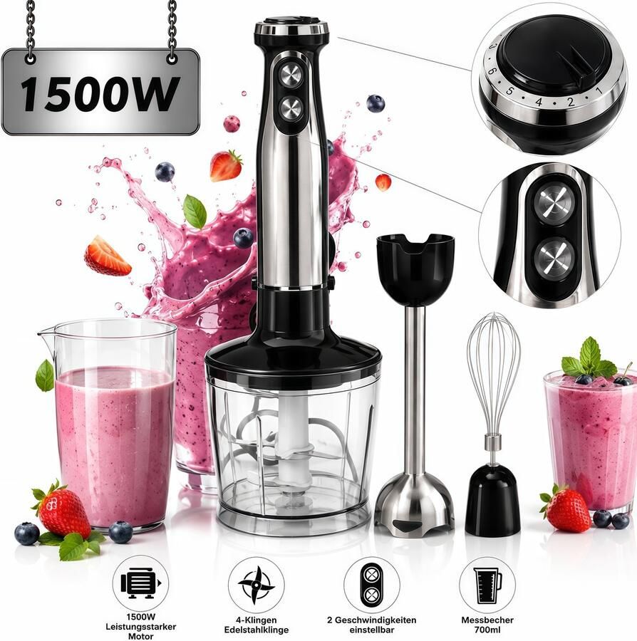 OYLCDI Staafmixer 5-in-1 mixerset roestvrijstalen staafmixer met traploze snelheidsregeling 1500 W hakmolen garde melkopschuimer en maatbeker