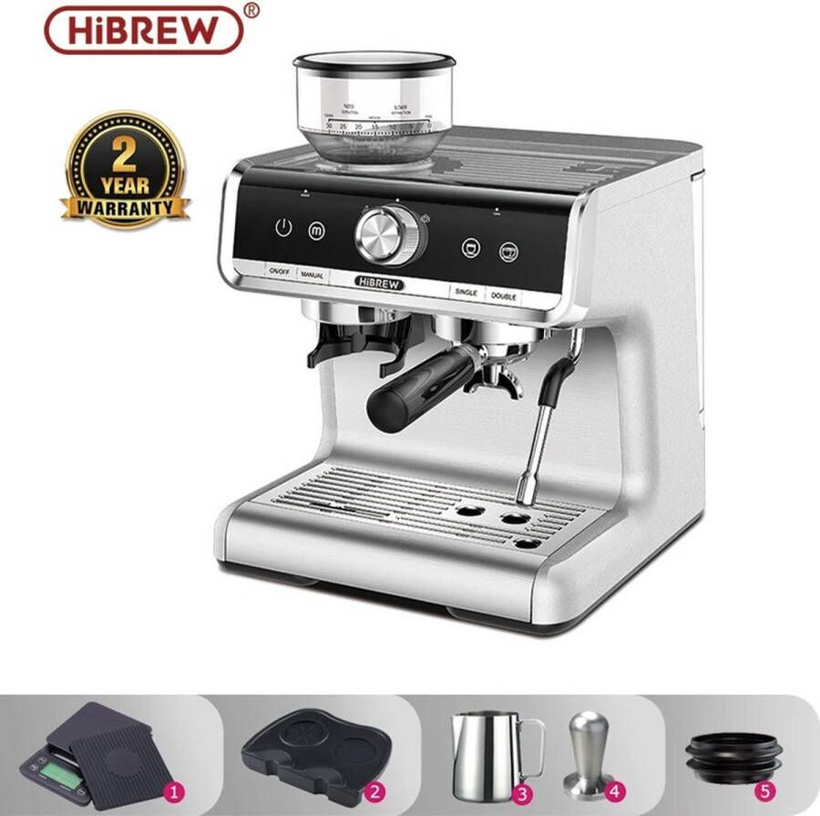 Paarl Espressomachine met koffiebonen professionele koffiemachine 19 bar- koffiemolen Piston temperatuur indicator en stoompijpje espressomachine handmatig Hibrew Barista Pro voor thuis kantoor of horeca