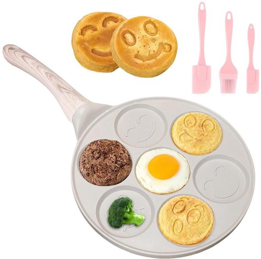 Pannenkoekenpan antiaanbaklaag 26 cm met zeven gaten crêpe pan crêpes maker met smiley-gezichten pannenkoekenpan voor gas enz. spiegeleipan