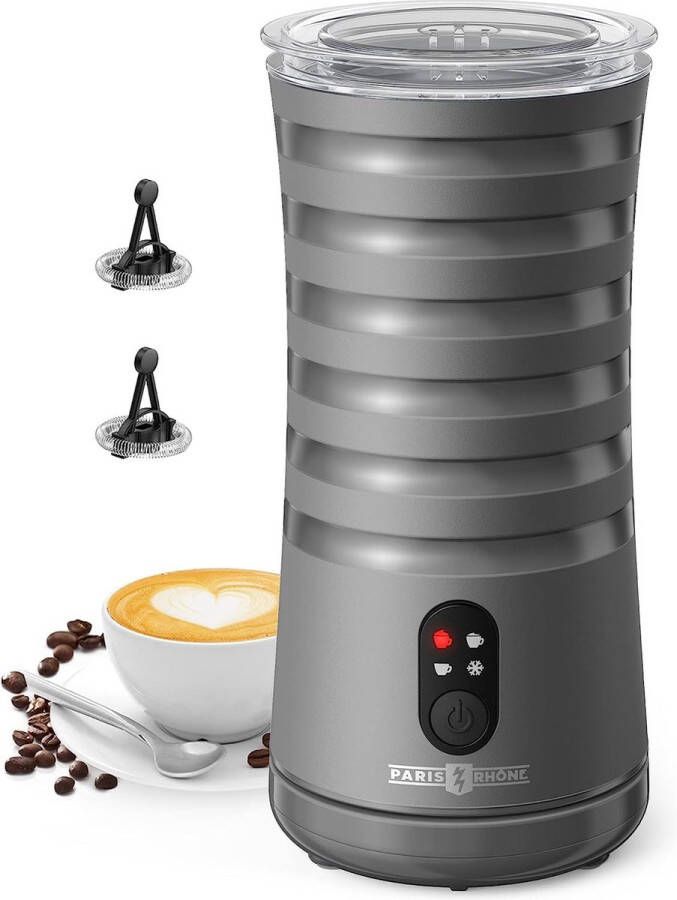 ‎PARIS RHÔNE Paris Rhône 4-in-1 elektrische melkopschuimer voor warm en koud melkschuim automatische antislip melkcontainer compacte melkopschuimer voor koffie latte cappuccino (grijs)