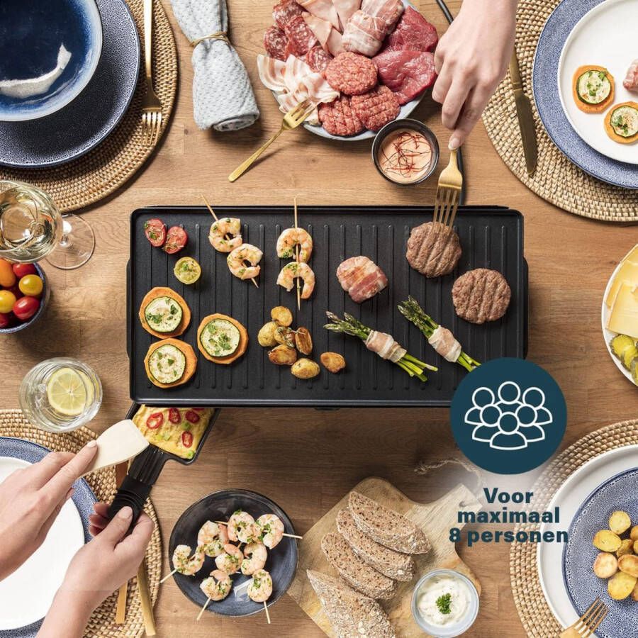 BOG 162645 Raclette 8 Grill Deluxe Omkeerbare Grillplaat RVS Behuizing in Geborsteld Roestvrij Staal