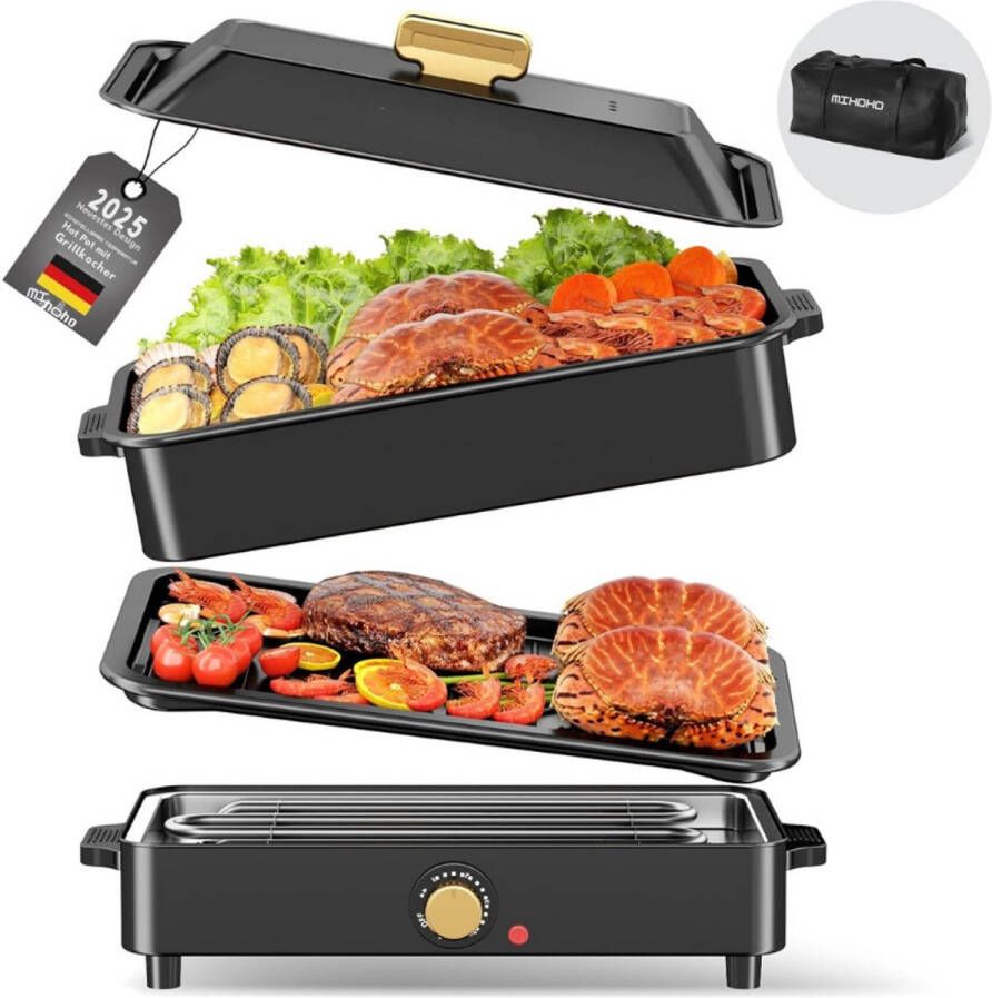 PEAM Elektrische Grill- en Hotpot met Draagtas – 1400 W – 2-in-1 Multifunctionele Pan – Elektrische Grill en Langzaam Kooktoestel – Grote Capaciteit – Antiaanbaklaag met Deksel – Instelbaar Fornuis