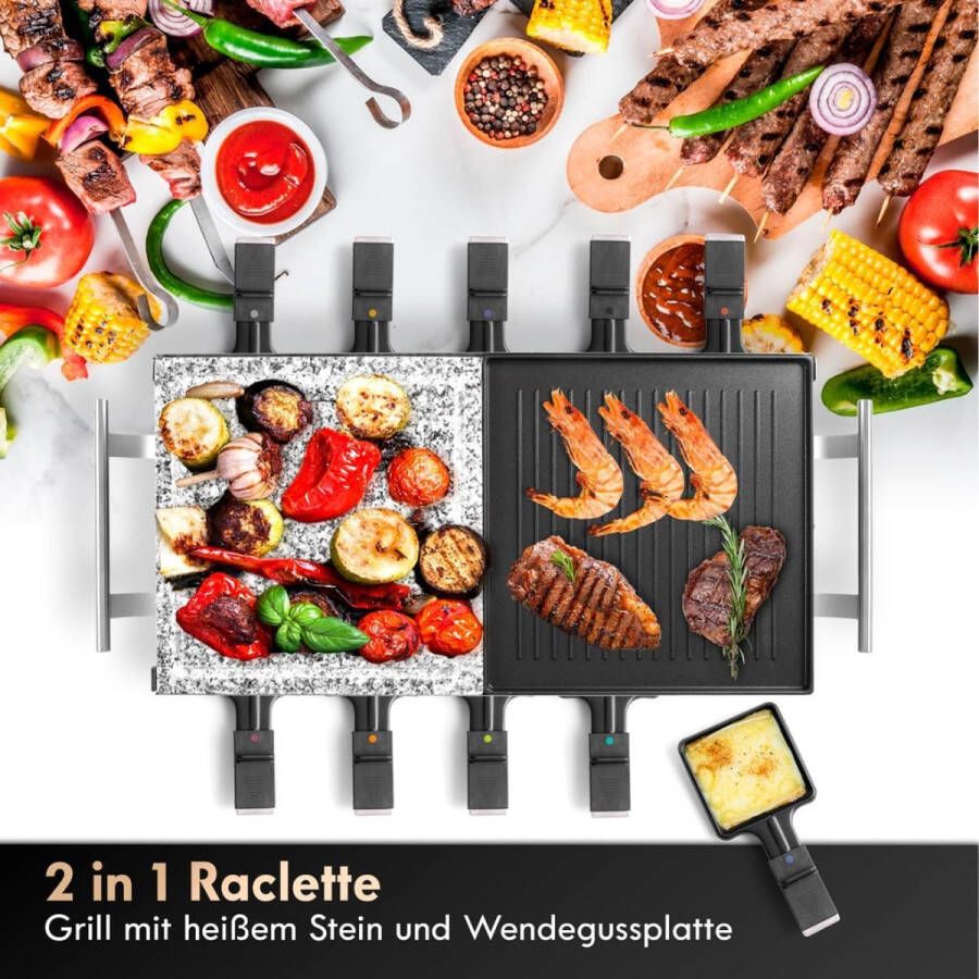 PEAM 2-in-1 Raclette Grill Voor 10 Personen Met Stenen Plaat en Grillplaat Antiaanbaklaag Warmte-isolerende Handgrepen Traploze Thermostaat 1700 Watt Roestvrij Staal PC-RG 1144 Energieklasse B
