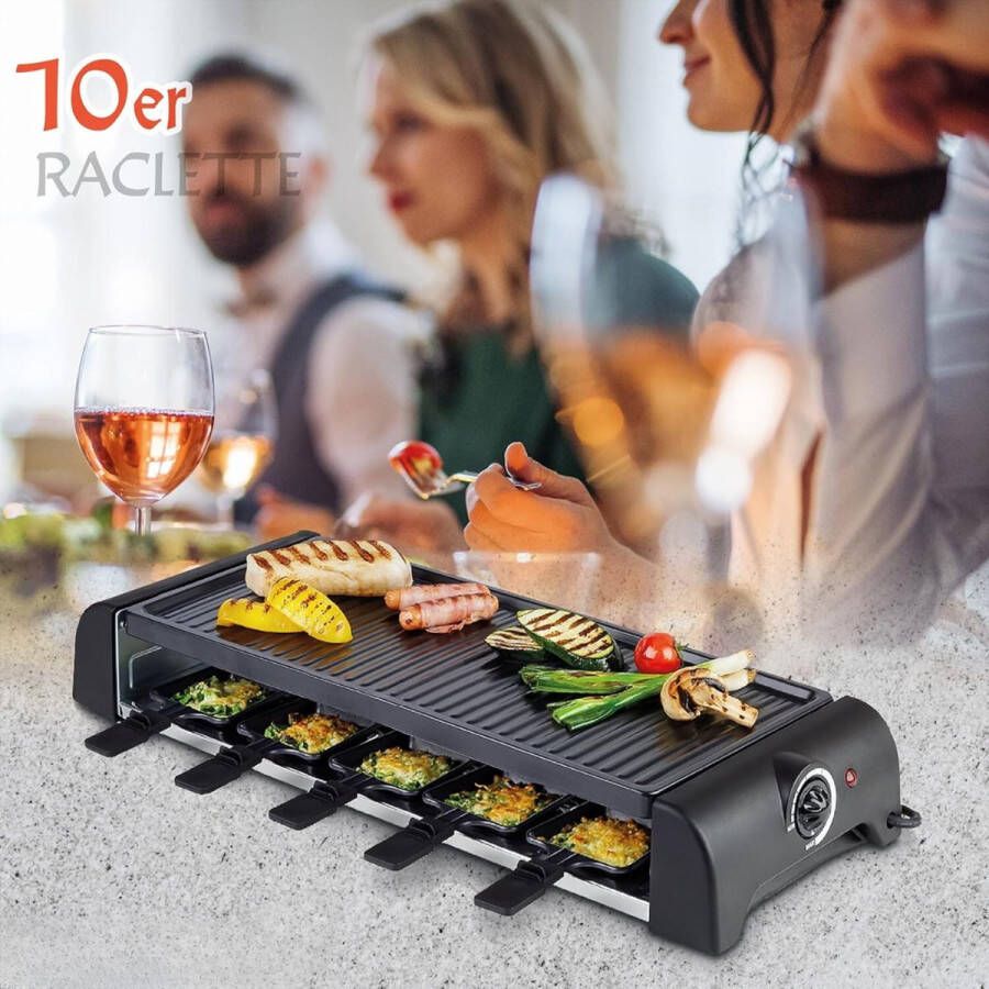 PEAM 45060 Raclette XXL voor 10 Personen Inclusief 10 Pannetjes en Houten Spatels Antiaanbak Grillplaat 1 2m Lange Kabel 1500W Zwart