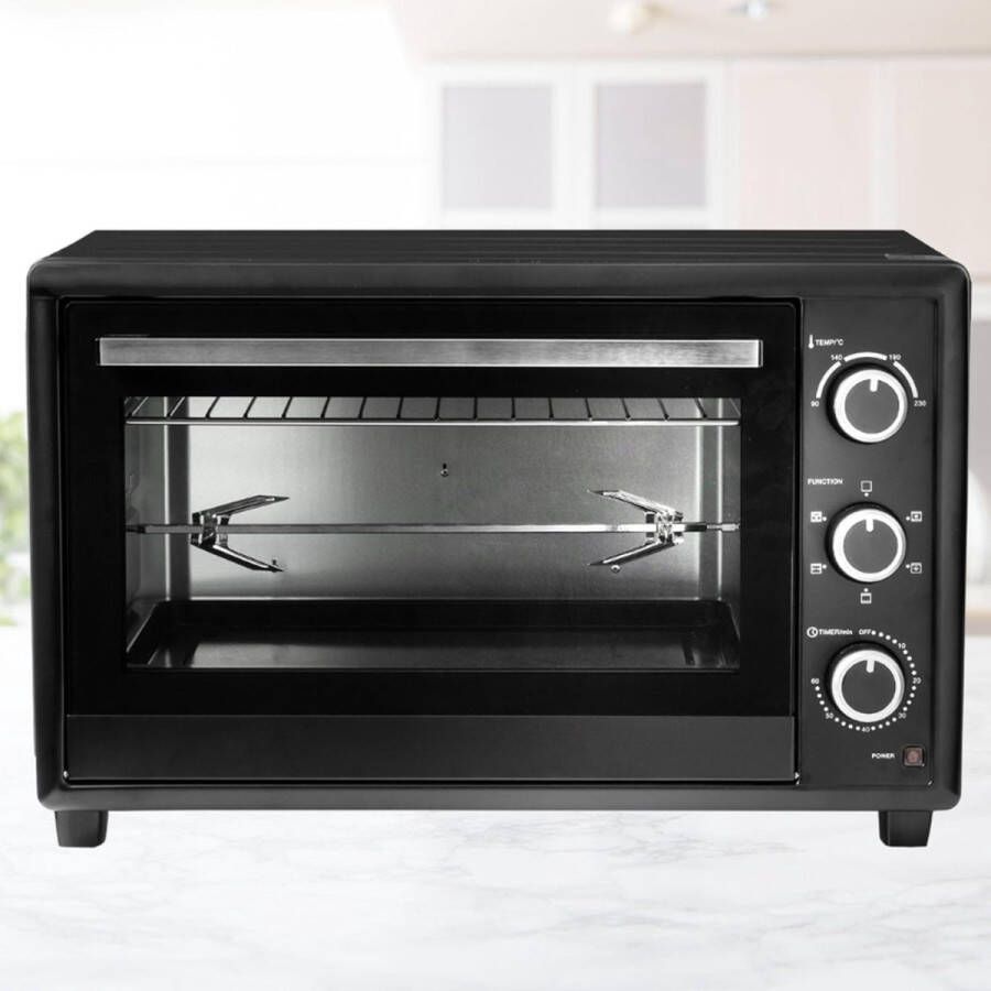 PEAM 50 Liter Mini Oven 1400 W Circulerende Lucht Pizzaoven Dubbele Beglazing Braadspit Timer Inclusief Bakplaten Set Elektrische Mini Oven 40 ° 230 ° C Geëmailleerd Zwart