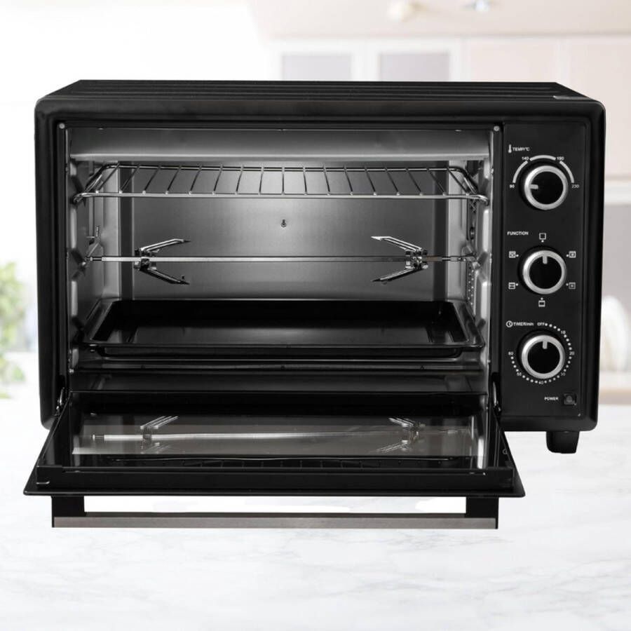 PEAM 50 Liter Mini Oven 1400 W Circulerende Lucht Pizzaoven Dubbele Beglazing Braadspit Timer Inclusief Bakplaten Set Elektrische Mini Oven 40° 230° C Geëmailleerd Zwart