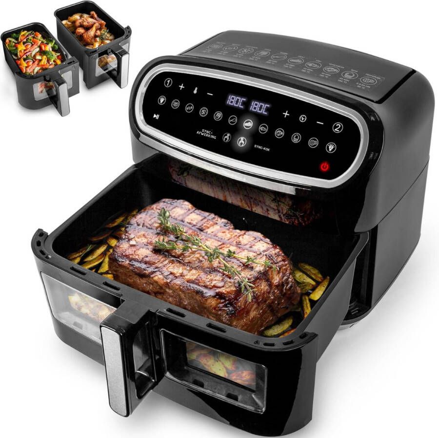 PEAM AF34 BK Set Airfryer met 1 grote lade van 10L en 2 kleine lades van 5L inbegrepen 10 Voorgeprogrammeerde Kookprogramma's Zonder olie Sync Cook en Sync Finish functies