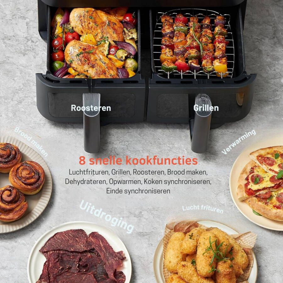 PEAM Airfryer 8 in 1 Dual Zone XXL 8 5L Heteluchtfriteuse met Dubbele Kamer en Kijkvenster 50 Recepten Energiebesparend 1-5 Personen