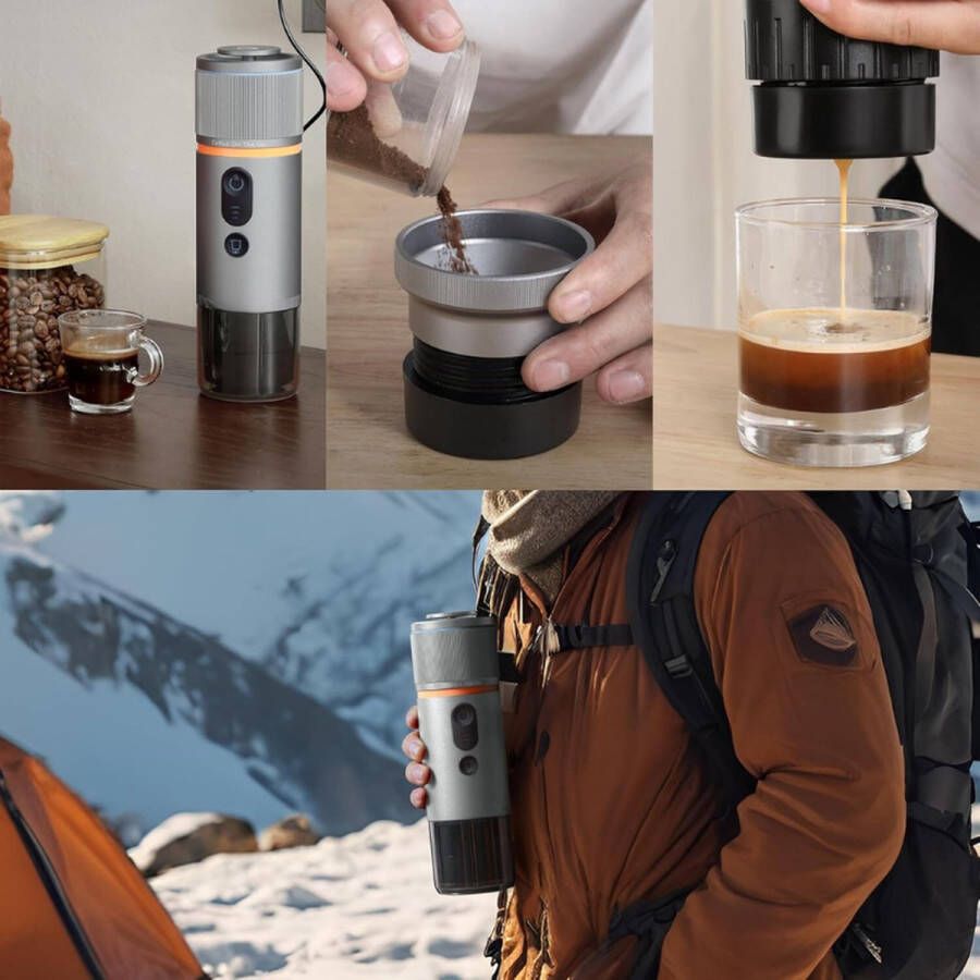 PEAM Draagbare Espresso Koffiezetapparaat Elektrische 12V Auto Espressomachine Capsule Cafetière Met Oplaadbaar Batterij Klein Elektrisch 3 Minuten Verwarming Voor Kamperen Zilver