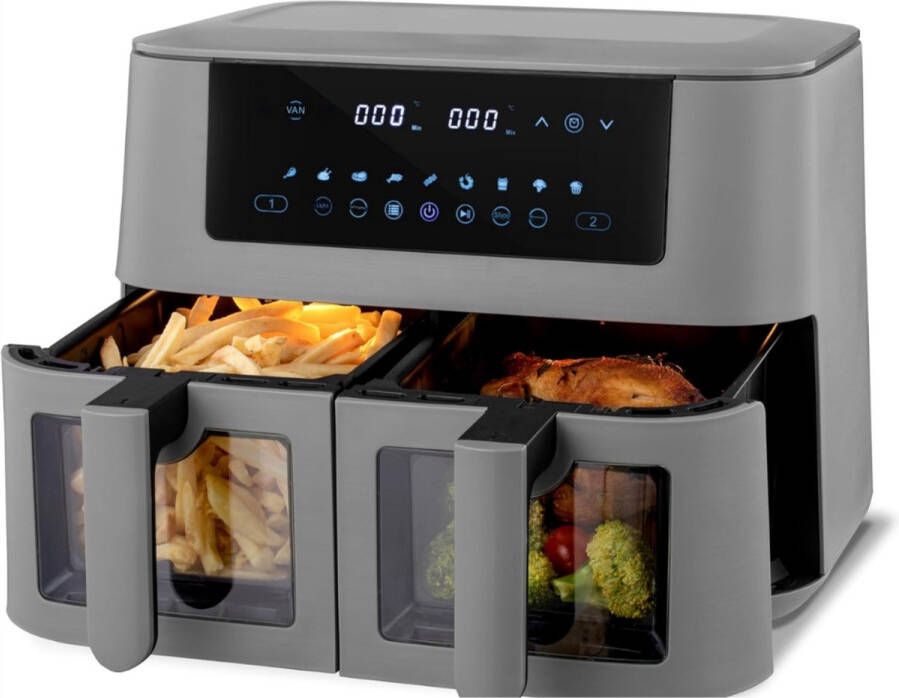 PEAM Dual Zone Airfryer met Dubbele Kamer 8 Liter 2 Manden met Kijkvenster Touchscreen 9 Voorinstellingen Dual Cook & Synchronisatie Kant-en-Klaar Technologie 2570-3040 W