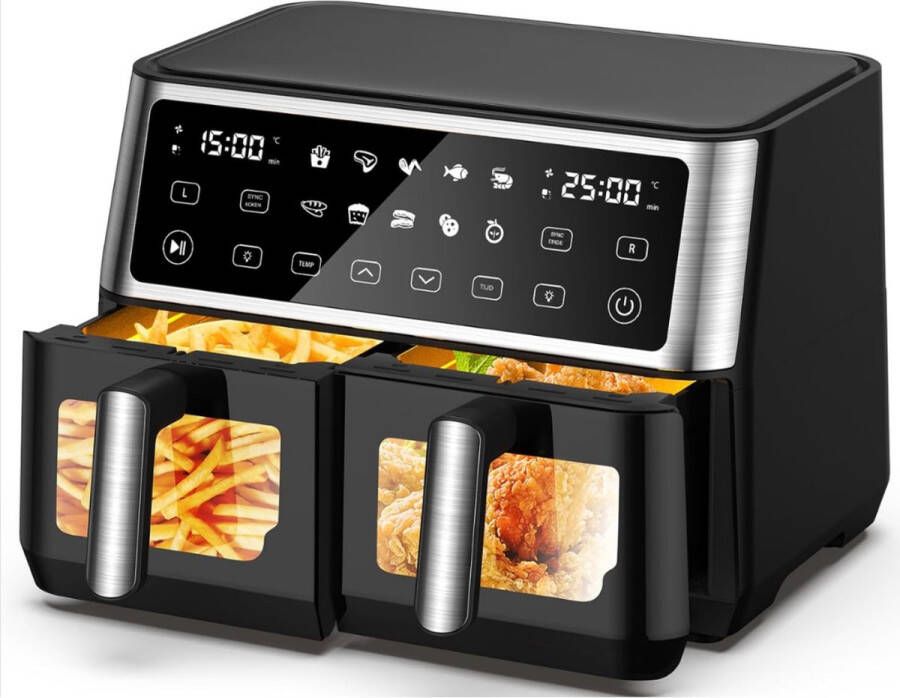 Dual Zone XXL Heteluchtfriteuse 10L 2 Kamers met Kijkvenster 10-in-1 Programma's Touchscreen Intelligente Synchronisatie Timer Energiebesparend