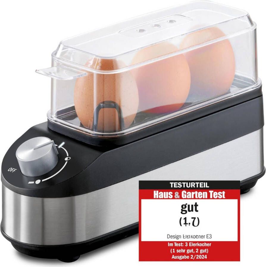 PEAM E3 Eierkoker Traploze Draaiknop Voor de Gewenste Hardheid Van Zacht Tot Hard Tijd Energie en Waterbesparend in Vergelijking Met Eieren Uit de Kookpan Hoogwaardige Roestvrijstalen Deksel