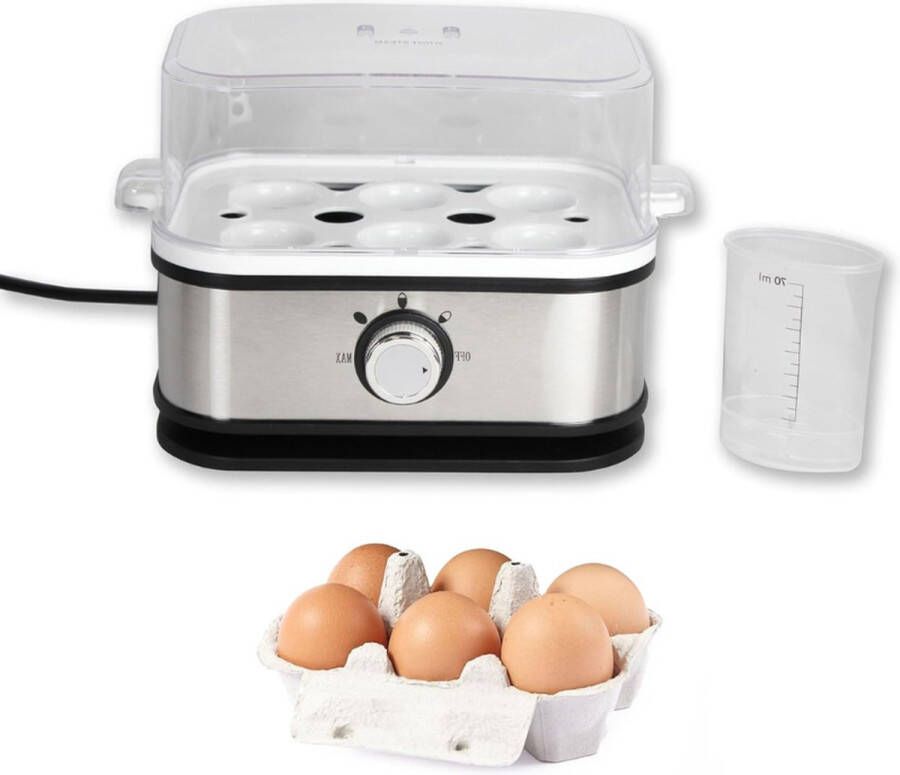 PEAM Elektrische Eierkoker Van Roestvrij Staal Vermogen 210W Snelkookpan Voor Gekookte Eieren Kuitjes of Hard 3 Kookstanden 6 Max Eieren Kunststof Maatbeker Robuust en Praktisch