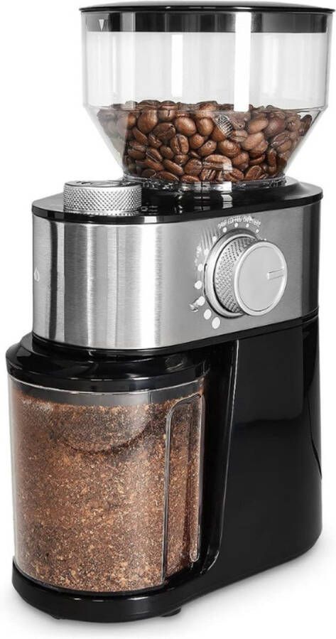 PEAM Koffiemolen Elektrisch Roestvrij staal Professionele bonenmaler voor 14 kopjes Instelbare maalgraden Krachtige 200 W motor Metallic zilver