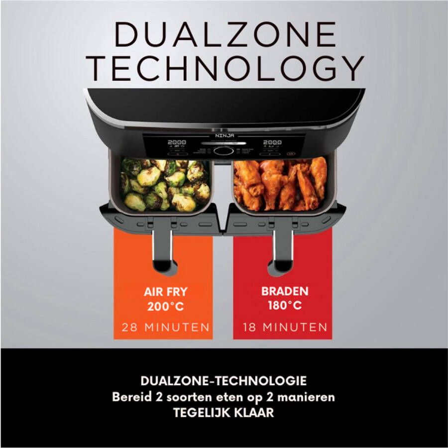 BOG Foodi Max Dual Zone Airfryer – 2 Laden – 9.5L – 6-In-1 Functies – Olievrij – Anti-Aanbak – Vaatwasserbestendig – Zwart