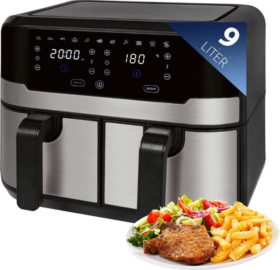 PEAM Hete Friteuse 9L XXL Dubbele Kamer Frituren met Hete Lucht & Zonder Olie 9 Programma's Touchscreen 2400W PC-FR 1242 H