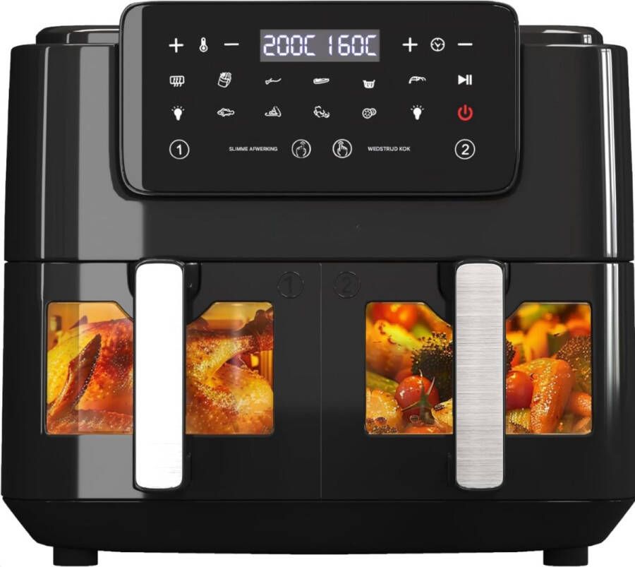 Heteluchtfriteuse XXL 9L 2 Laden LED-Touchscreen Kijkvenster 9 Programma's Match Cook & Smart Finish 2400W Zwart