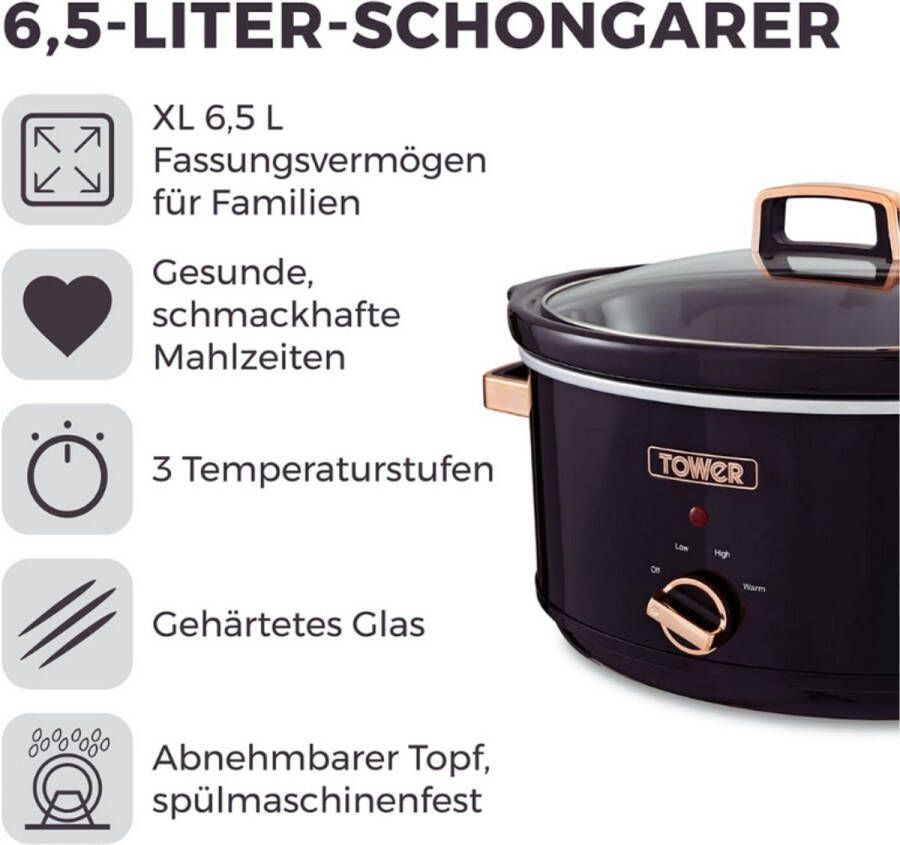 PEAM Infinity Slowcooker 6.5L 270W 3 Kookstanden Warmhoudfunctie Zwart En Roségoud Huishoudelijke Apparaten