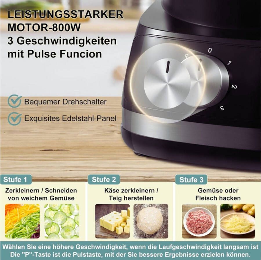 BOG Multifunctionele Keukenmachine 800W 2L 6-in-1 Keukenrobot Voedselprocessor Met Hakmolen Kneedhaak Mixer 3 Snelheden