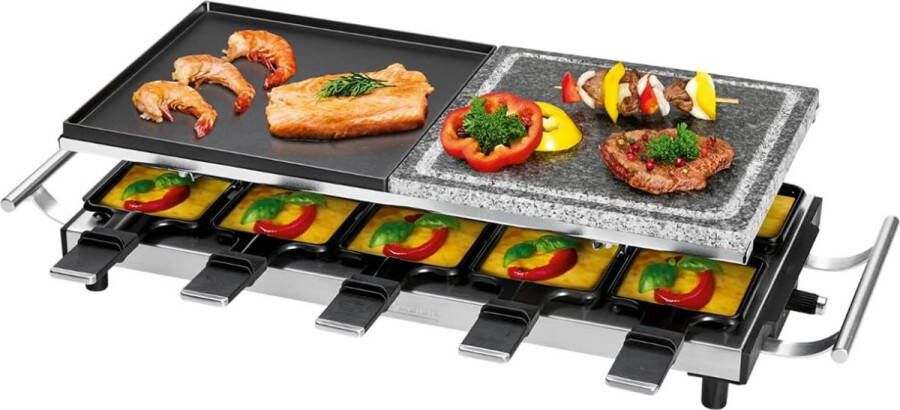 PC-RG 1144 2-in-1 Raclette Grill Voor 10 Personen Met Stenen Plaat En Grillplaat Antiaanbaklaag Traploze Thermostaat 1700W Roestvrij Staal