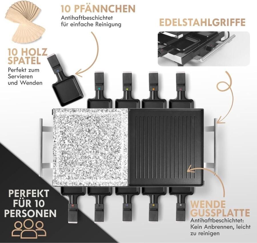 PEAM 2-in-1 Raclette Grill Voor 10 Personen Met Stenen Plaat en Grillplaat Antiaanbaklaag Warmte-isolerende Handgrepen Traploze Thermostaat 1700 Watt Roestvrij Staal PC-RG 1144 Energieklasse B - Foto 2